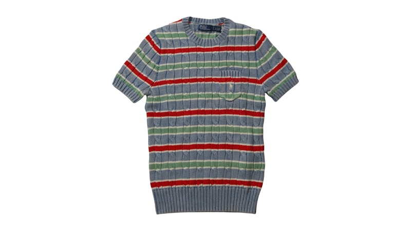 Pre-owned Polo Ralph Lauren Women's Sstriped Cableknit T-shirt In Channel Blue
