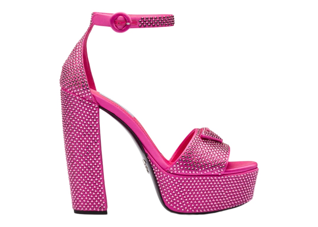 Pre-owned Prada 135mm Crystal Platform Sandals Begonia Pink Satin In Pink/silver