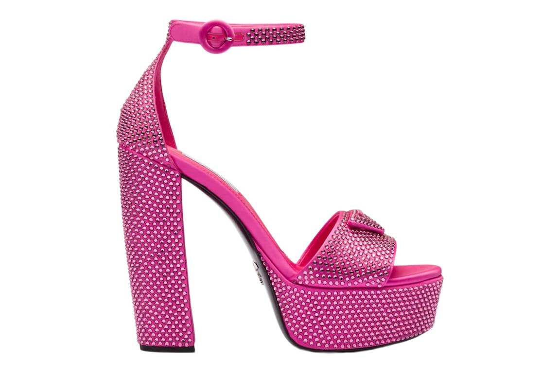 Pre-owned Prada 135mm Crystal Platform Sandals Begonia Pink Satin In Pink/silver