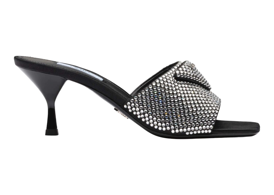 Pre-owned Prada 65mm Crystal Heeled Sandals Black Satin In Silver/black