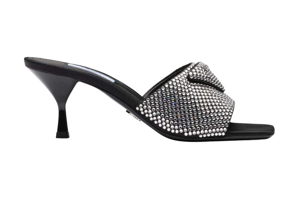 Pre-owned Prada 65mm Crystal Heeled Sandals Black Satin In Silver/black