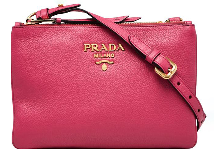 Prada Bandoleira Crossbody Bag Pebbled Pink in Leather with Gold 