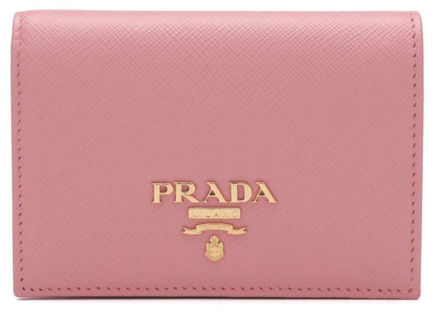 prada bi fold card holder pink in calfskin with gold tone prada bi fold card