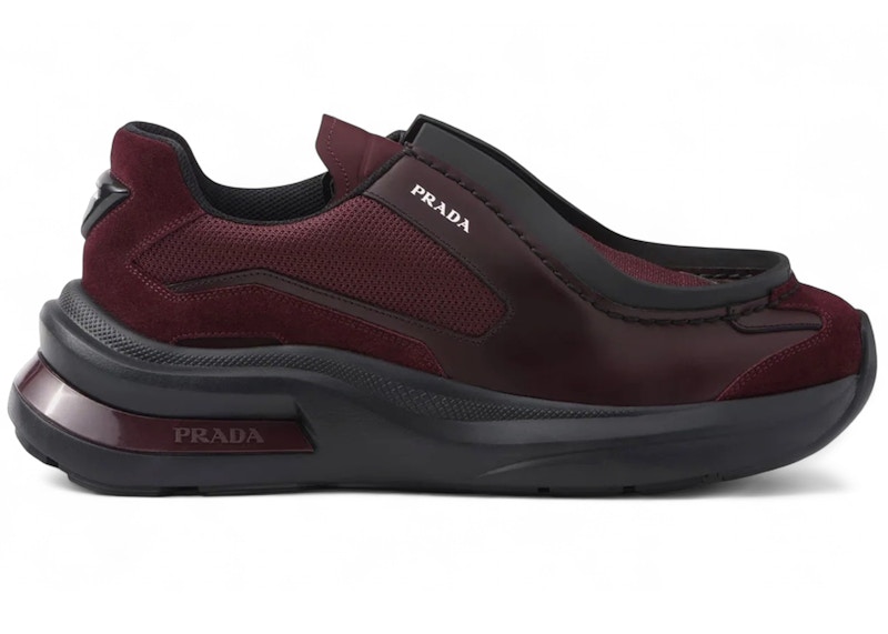 Prada Brushed Leather Sneakers Bike Fabric Suede Burgundy Men's