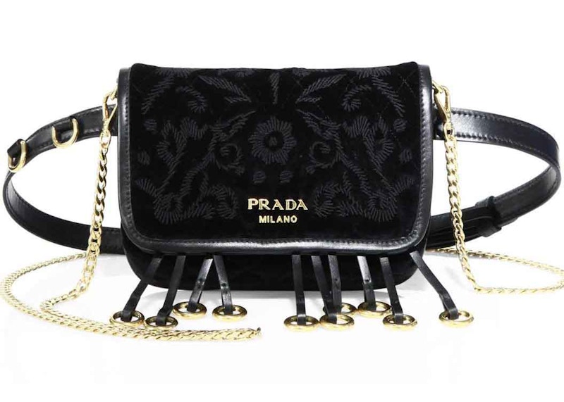 Prada Cahier Belt Bag Embroidered Velvet Black in Velvet with Gold