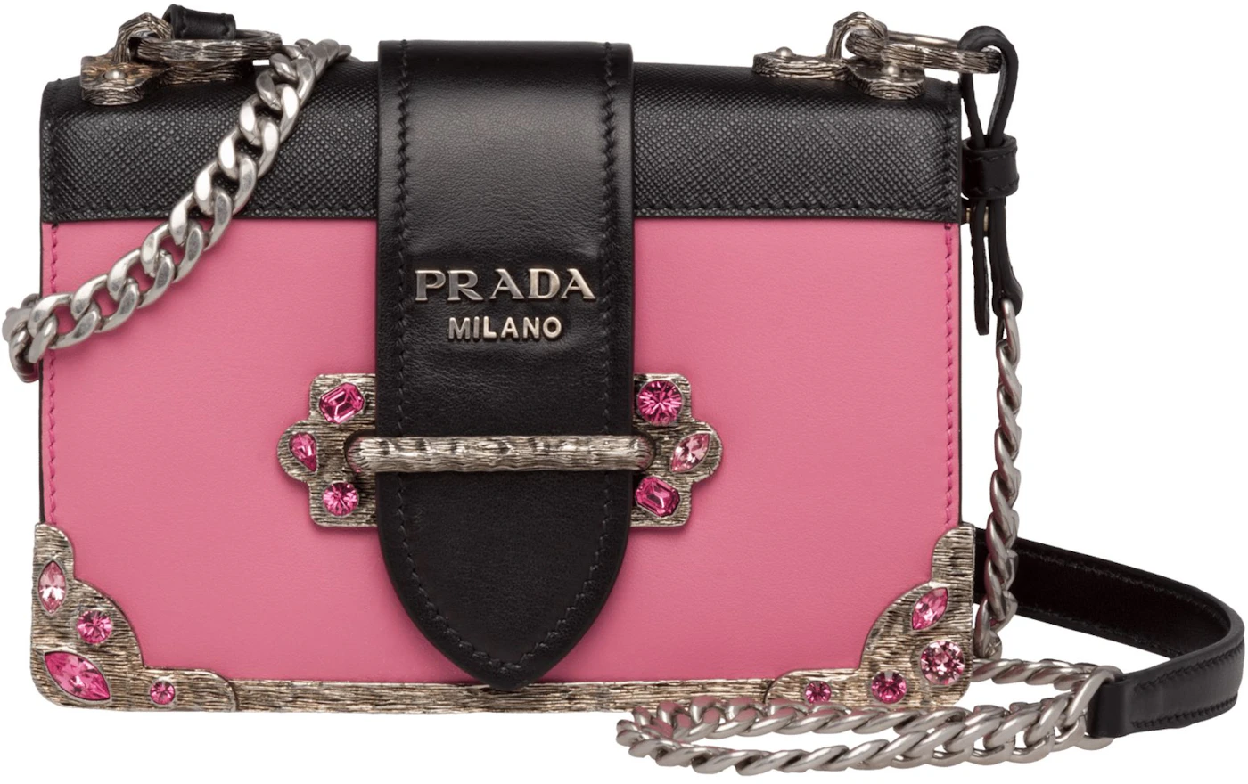 Prada Cashier Begonia With Pink Crystal Silver Chain Crossbody Bag Women