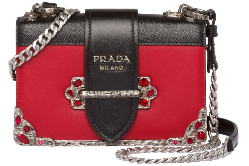Prada Cahier Crystal Chain Red in Calfskin with Silver-tone - US