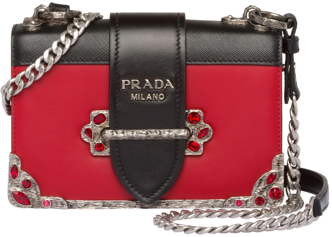 Prada Cahier Crystal Chain Red in Calfskin with Silver-tone - GB