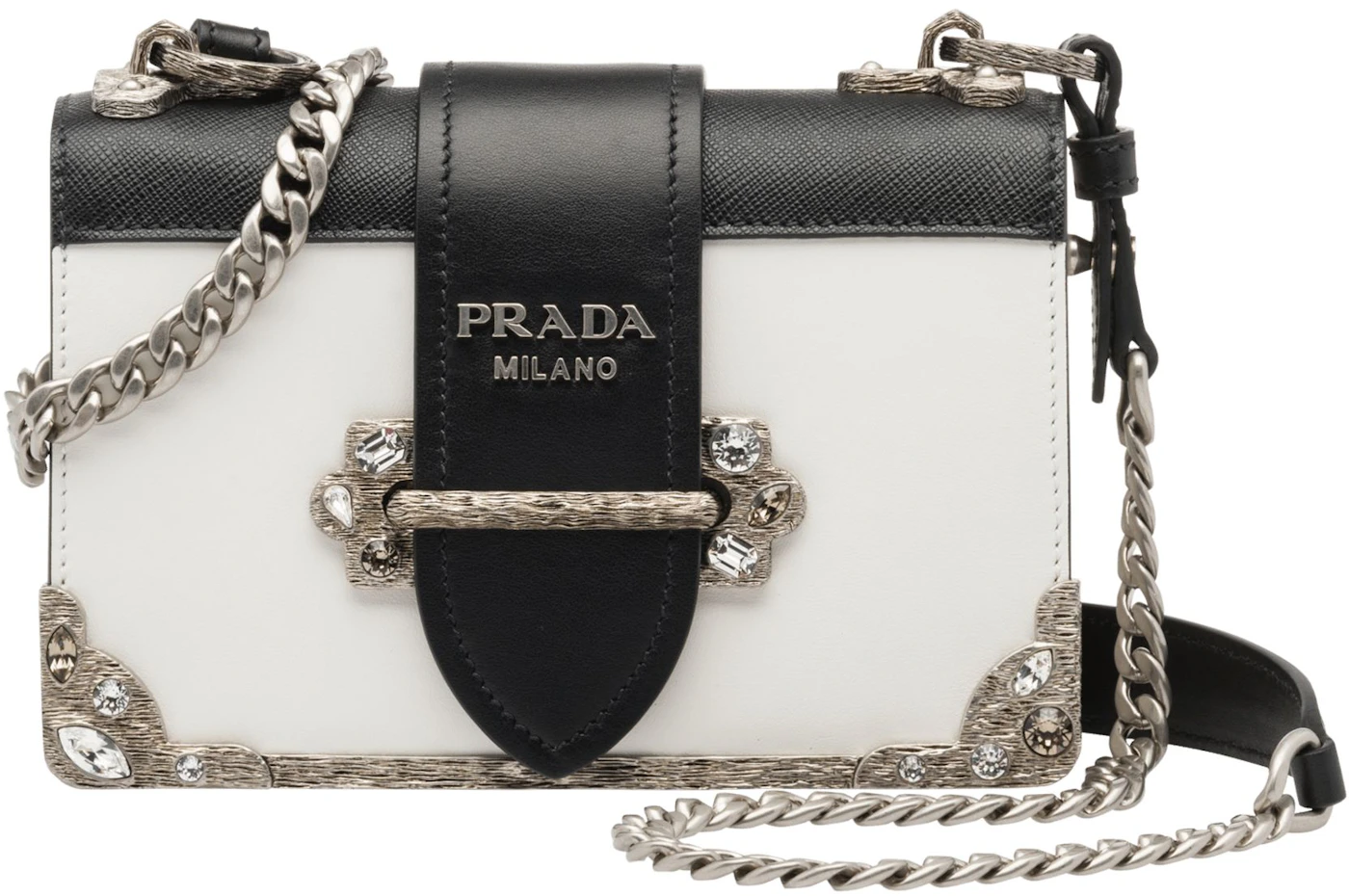 Prada Cahier Crystal Chain White in Calfskin with Silver-tone - US