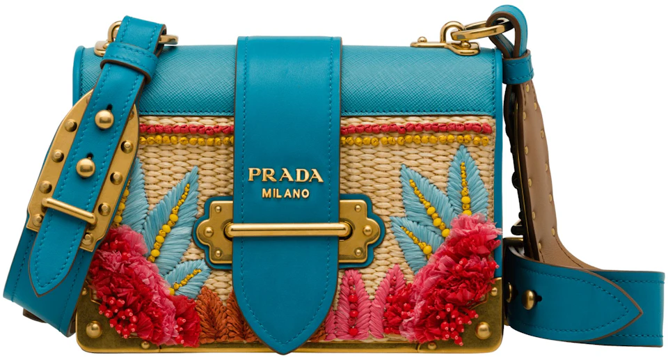 Prada Cahier Floral Straw Blue in Calfskin with Bronze-tone - US