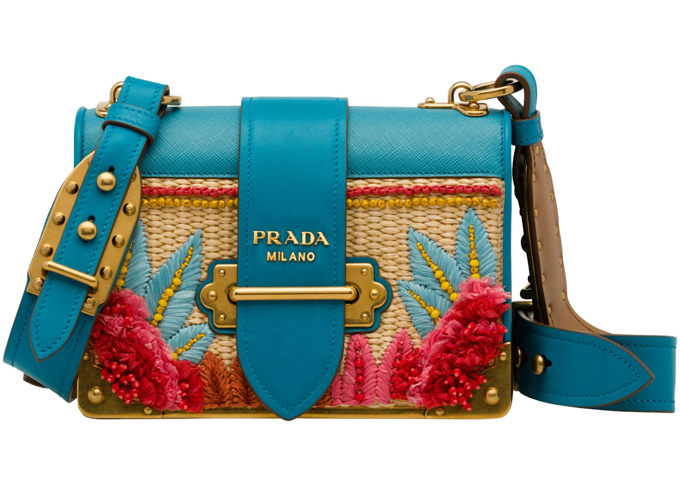 Prada Cahier Floral Straw Blue in Calfskin with Bronze-tone - US