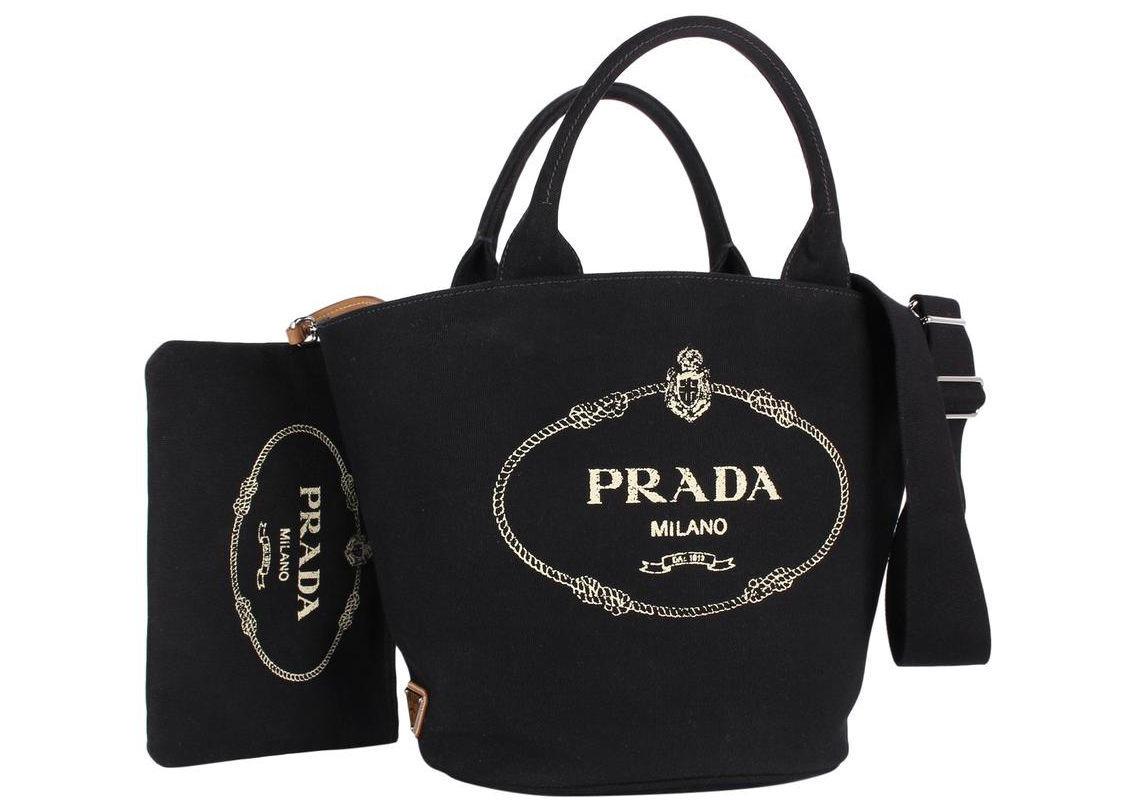 Prada Canapa Tote Black/White in Denim Canvas with Silver-tone - CN