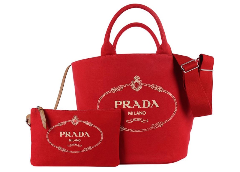 Prada Canapa Tote Red in Denim Canvas with Silver tone GB