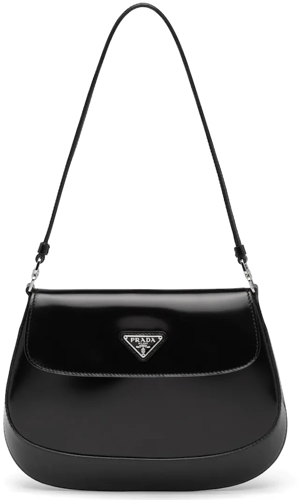 Prada Cleo Shoulder Bag With Flap Black in Brushed Leather with Silver ...