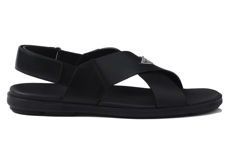 Pre-owned Prada Men's Crisscross Leather Sandals Sneakers In Black