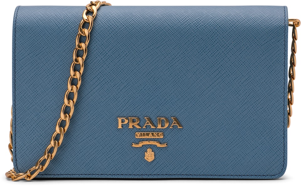 Prada Crossbody With Chain Saffiano Leather Baby Blue in Leather with  Goldtone - US