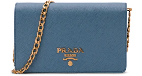 Prada Crossbody With Chain Saffiano Leather Baby Blue
