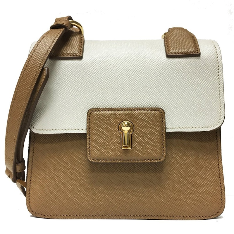 Prada Cuir Pattina Shoulder Bag Saffiano Caramel Beige Talco White