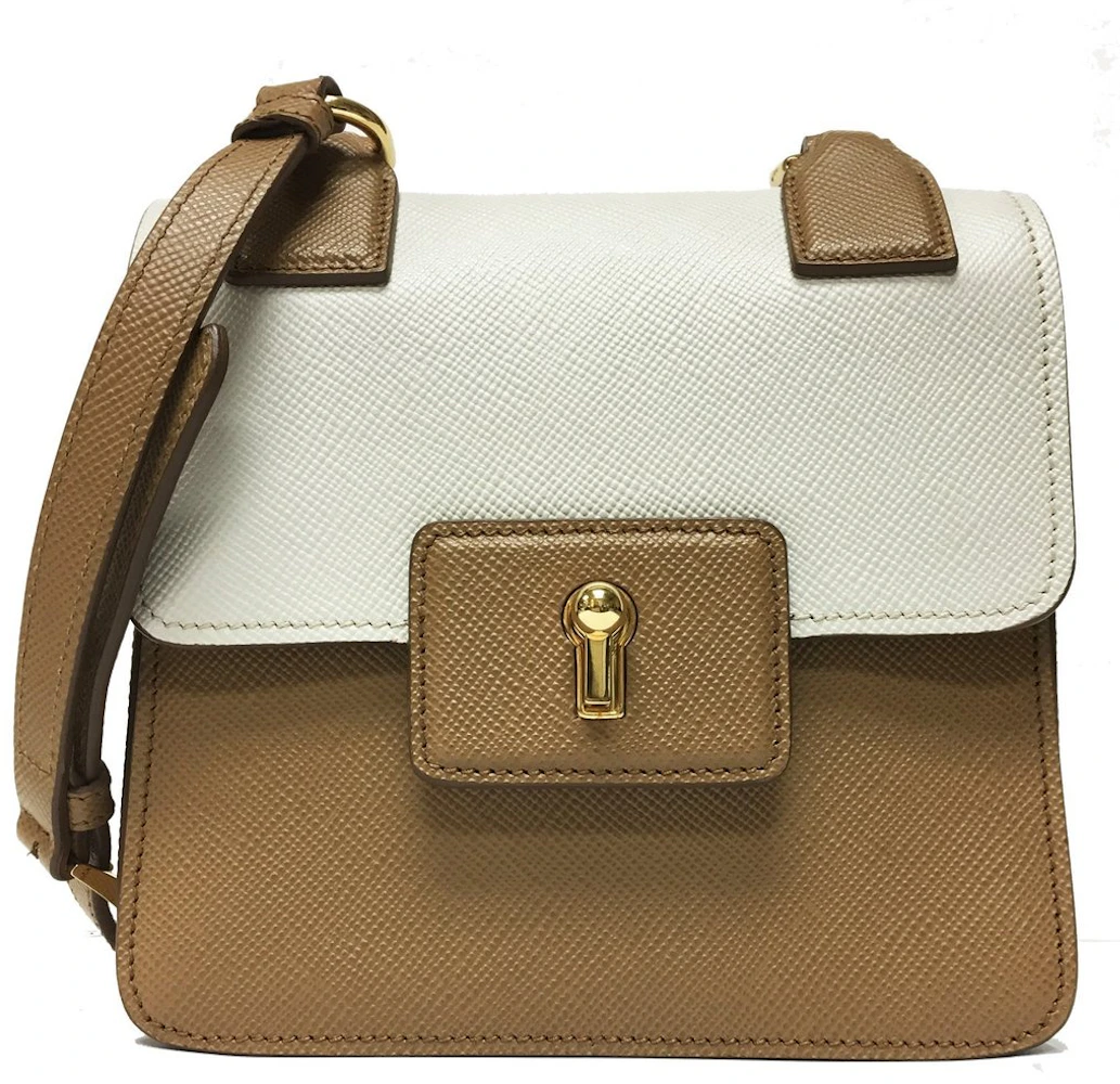 Prada Cuir Pattina Shoulder Bag Saffiano Caramel Beige/Talco White in  Leather with Gold-tone - US