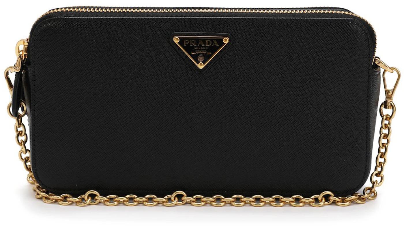 Prada Double-Zip Logo Shoulder Bag Black in Calfskin with Gold-tone - US