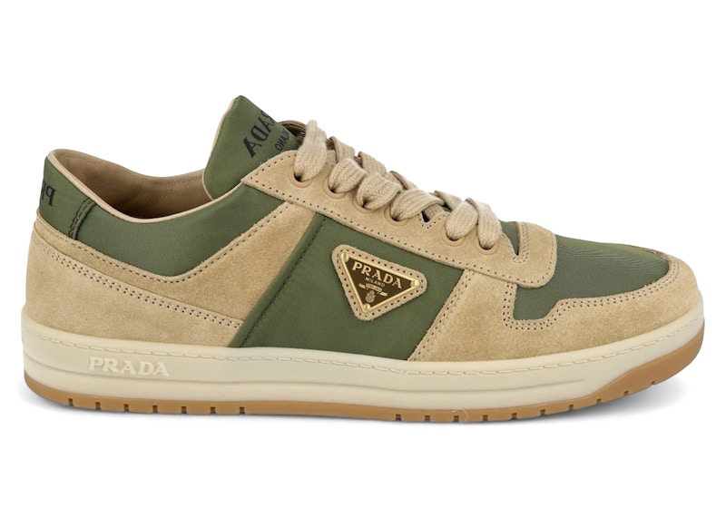 Pre-owned Prada Downtown Leather Low Top Sneakers (women's)in Ecru/military In Multi