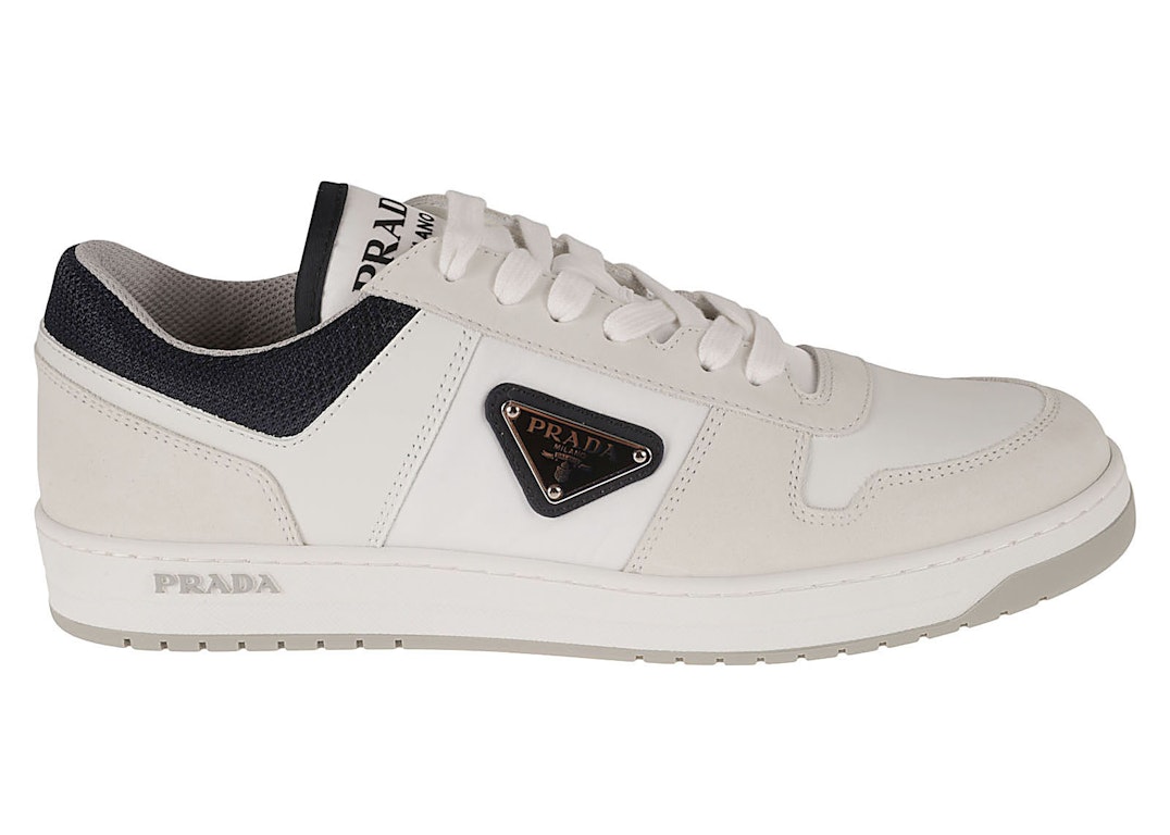 Pre-owned Prada Downtown Leather Re Nylon Sneaker White Blue In White/blue