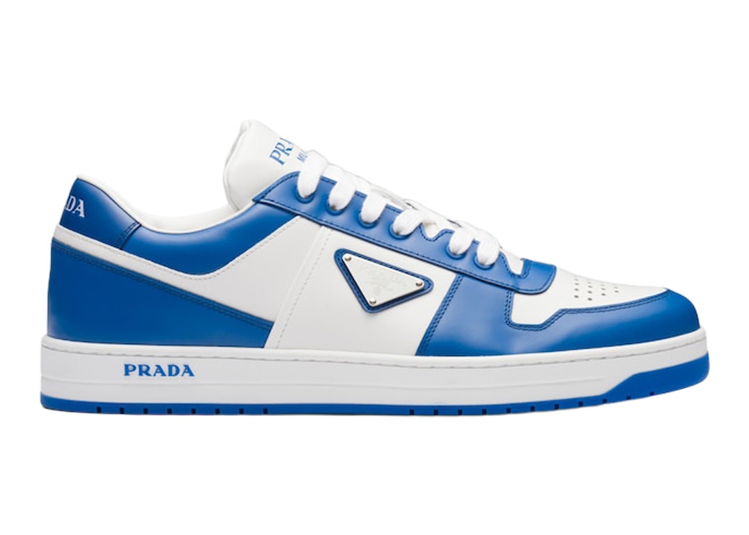 Pre-owned Prada Downtown Low Top Sneakers Leather White Cobalt Blue In White/cobalt Blue