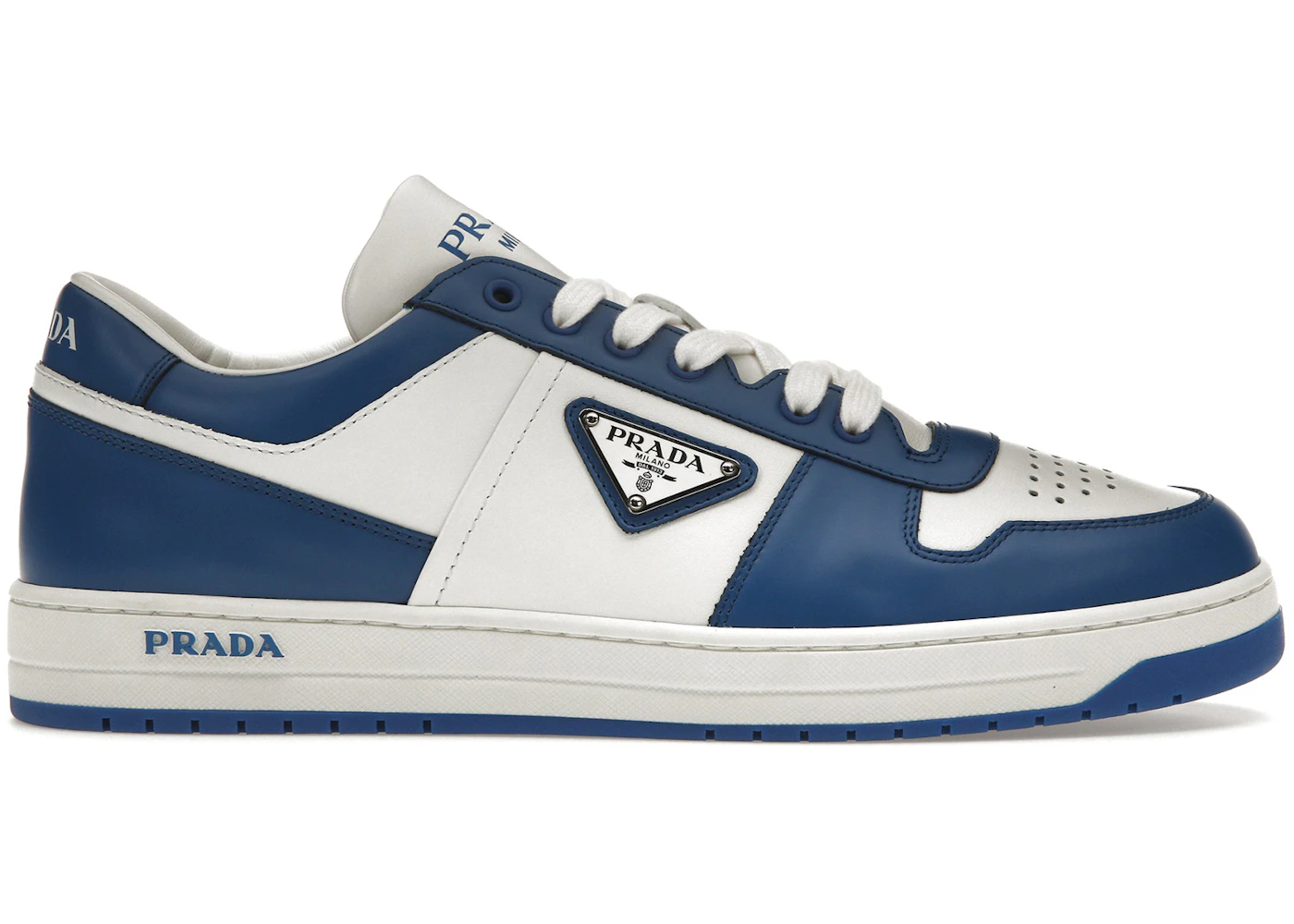 Prada Downtown Low Top Sneakers Leather White Cobalt Blue Men's