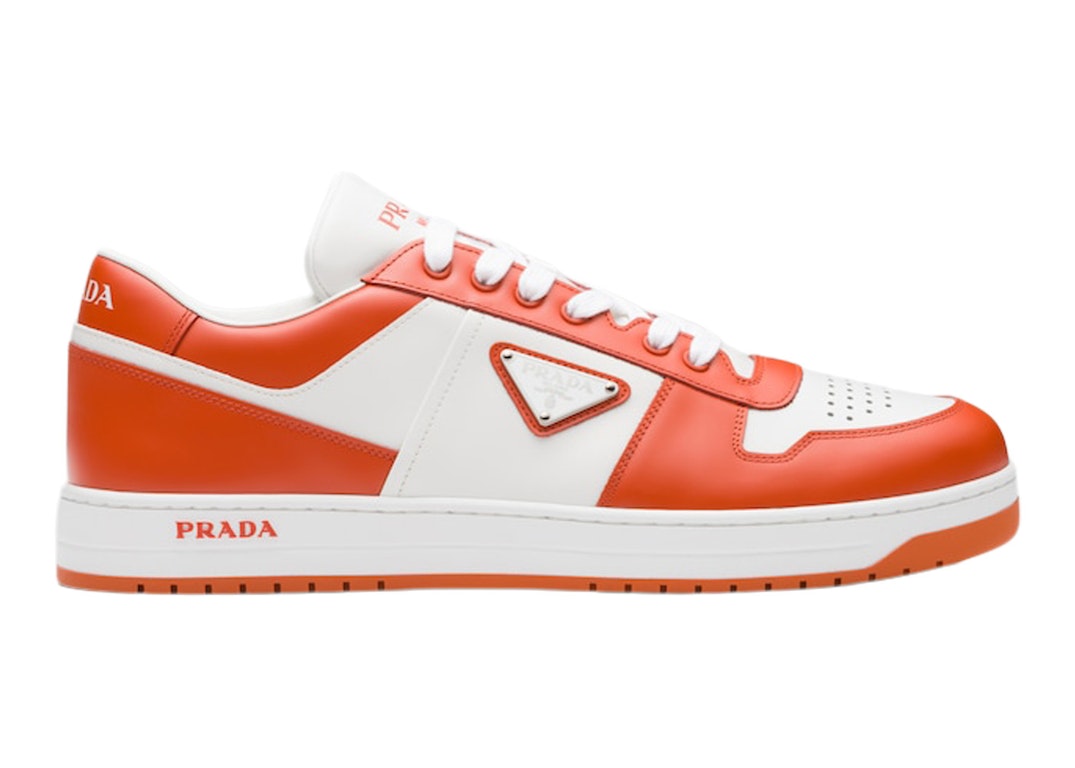 Pre-owned Prada Downtown Low Top Sneakers Leather White Orange In White/orange