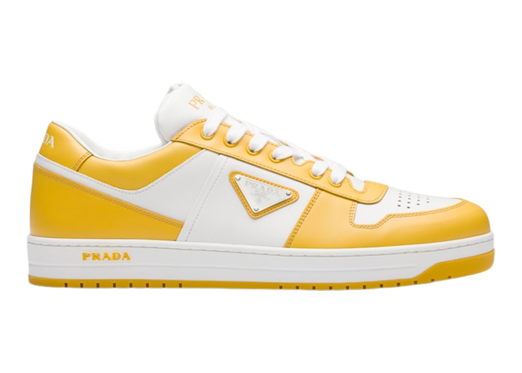 Pre-owned Prada Downtown Low Top Sneakers Leather White Yellow Sun In White/yellow Sun