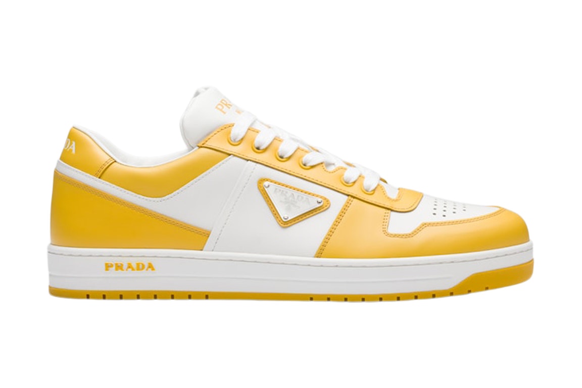 Pre-owned Prada Downtown Low Top Sneakers Leather White Yellow Sun In White/yellow Sun