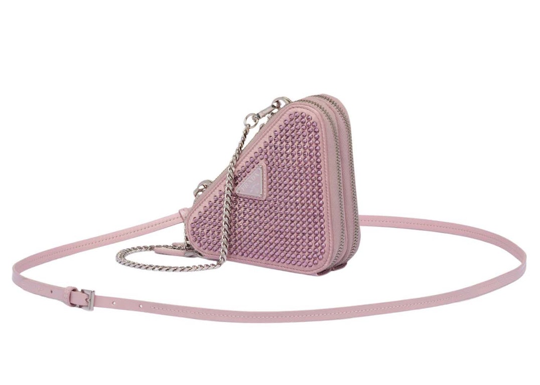 Pre-owned Prada Embellished Satin And Leather Mini Pouch Alabaster Pink
