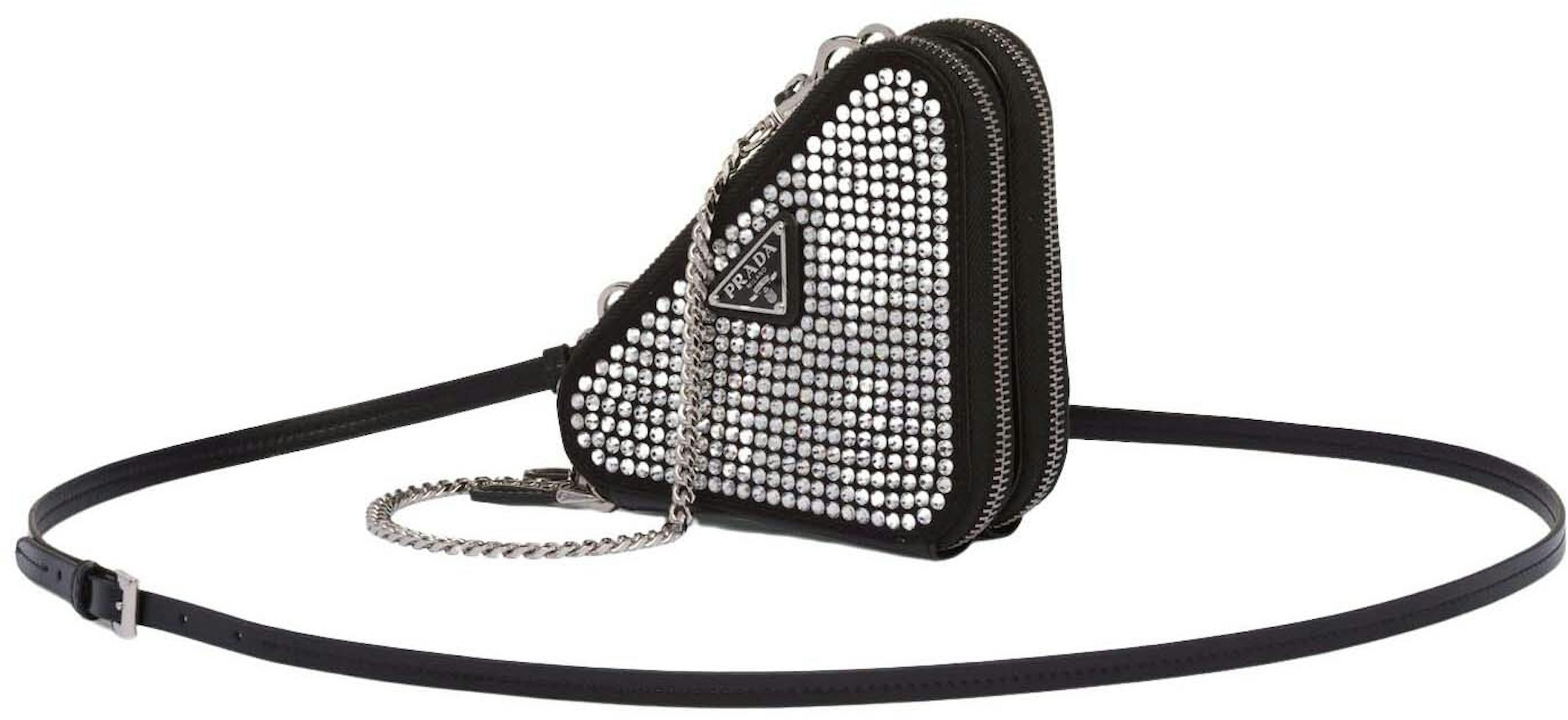 Prada Triangle Mini Crystal-embellished Leather Cross-body Bag in Metallic