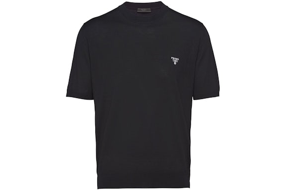 Camisa de manga corta de lana con logotipo bordado de Prada negro