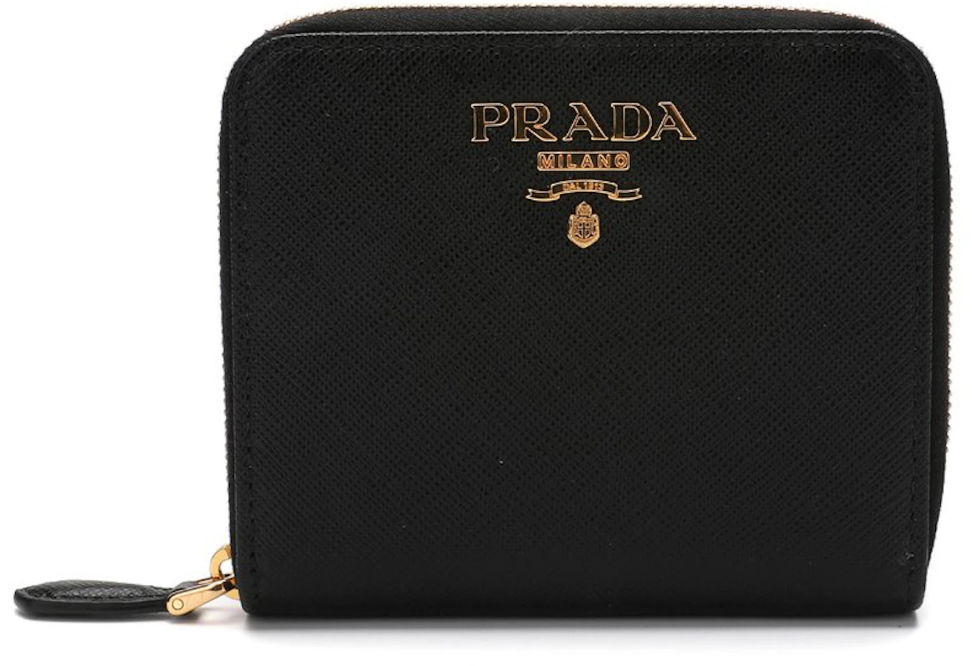 Prada Logo Plaque Zipped Wallet Black in Calfskin with Gold-tone - US