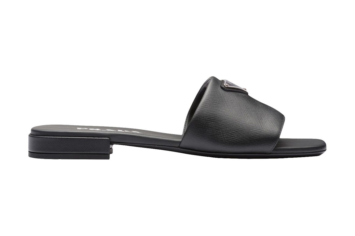Pre-owned Prada Logo Slide Sandals Black Saffiano Leather In Black/silver