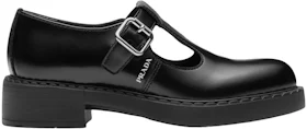 Prada Mary Jane 50mm T-Strap Shoe Black Brushed Leather