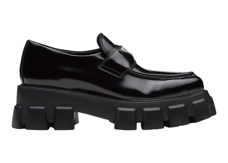 Prada Monolith 55mm Pointy Loafer Black Brushed Leather