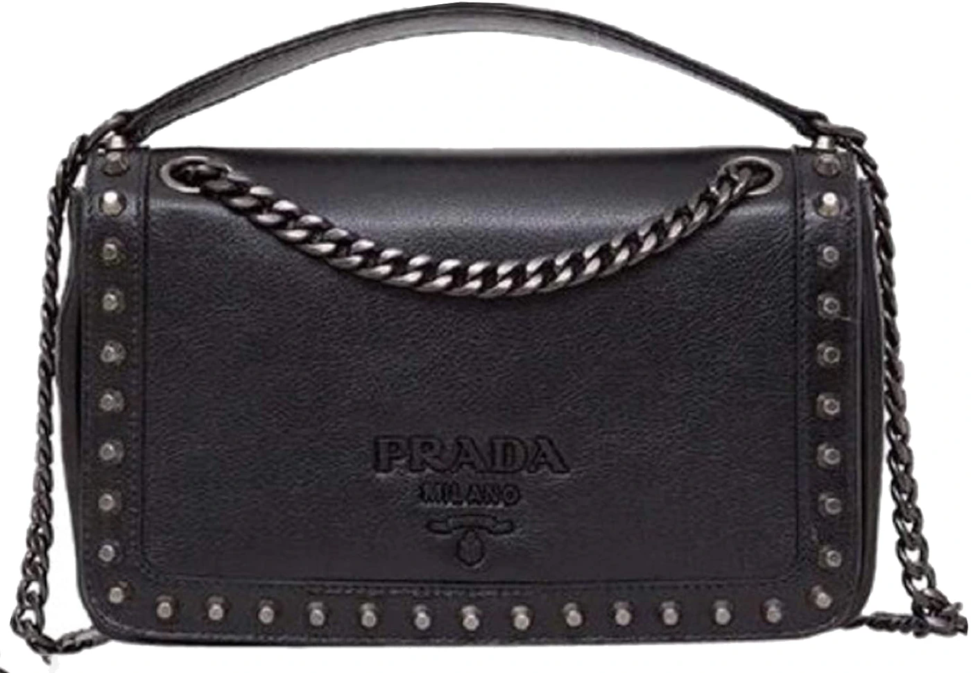 Prada Pattina Glace Studded Bag Black in Calfskin Leather - IT