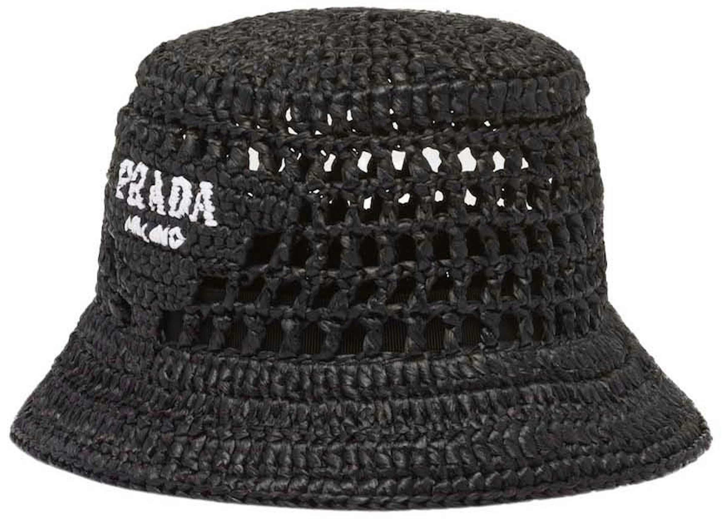 Prada Raffia Bucket Hat Black/White in Raffia - US