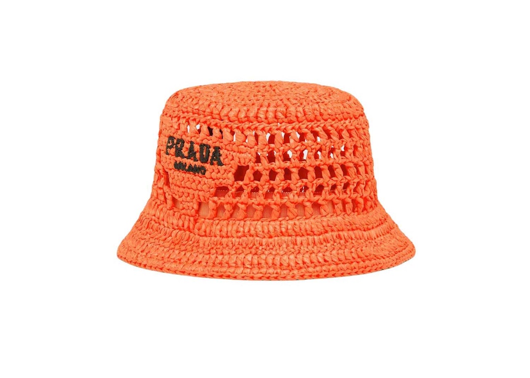 Pre-owned Prada Raffia Bucket Hat Orange