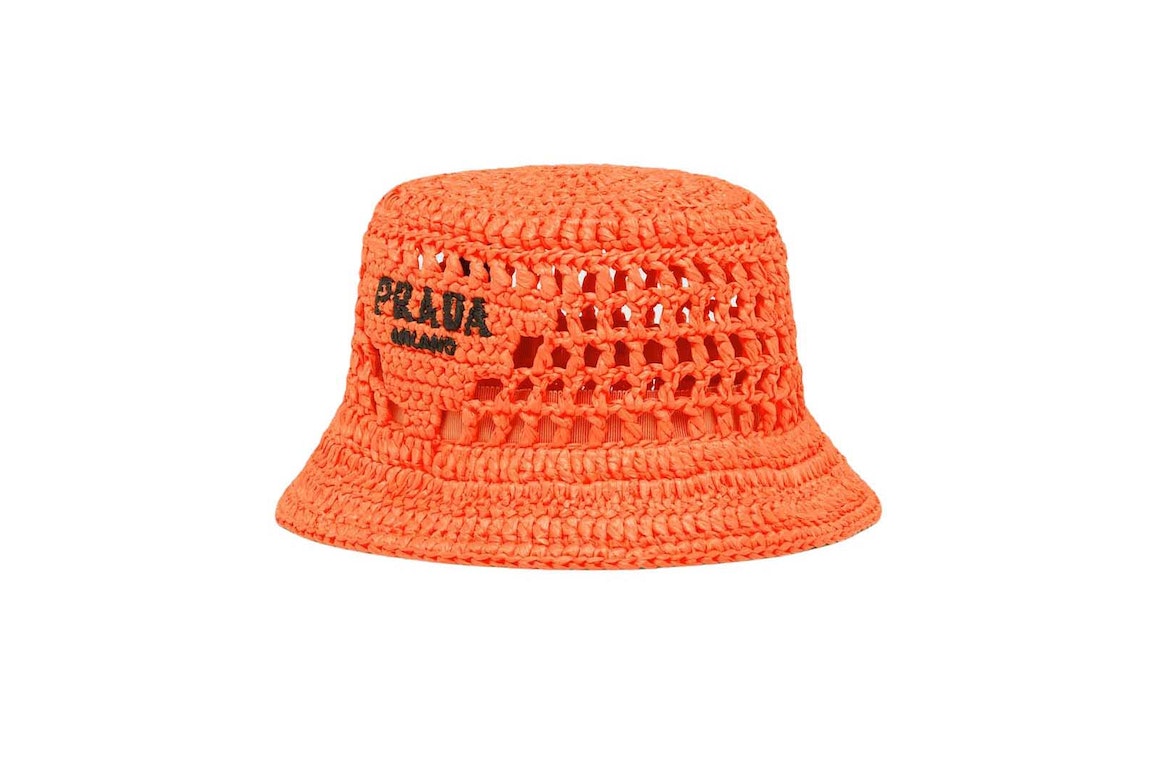 Pre-owned Prada Raffia Bucket Hat Orange
