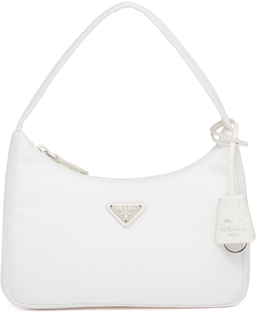 Prada Re-Edition 2000 White Satin Silver Crystal Nylon Shoulder Mini Hobo  Bag