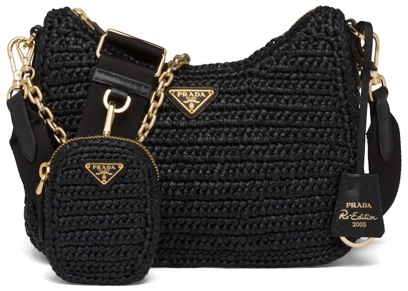 Prada Re Edition 2005 Raffia Bag Black in Raffia with Gold tone JP