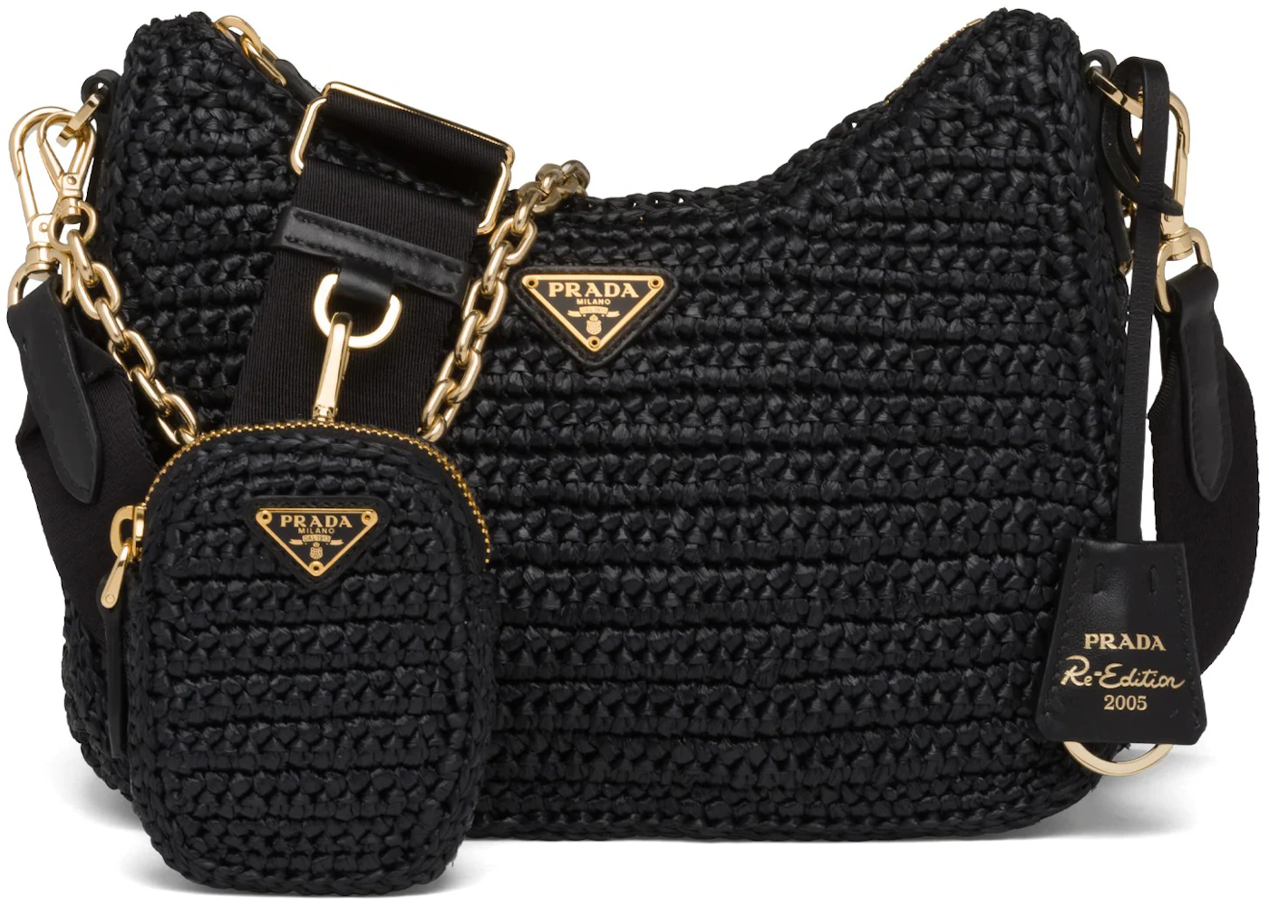 Sac Prada Re-Edition 2005 Raphia Noir with Gold-tone de la