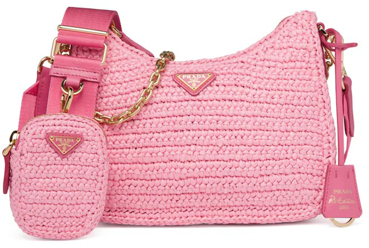 Prada Women's Bag Pink Raffia Woven Bucket Bag Brown Leather Trim purse  Logo