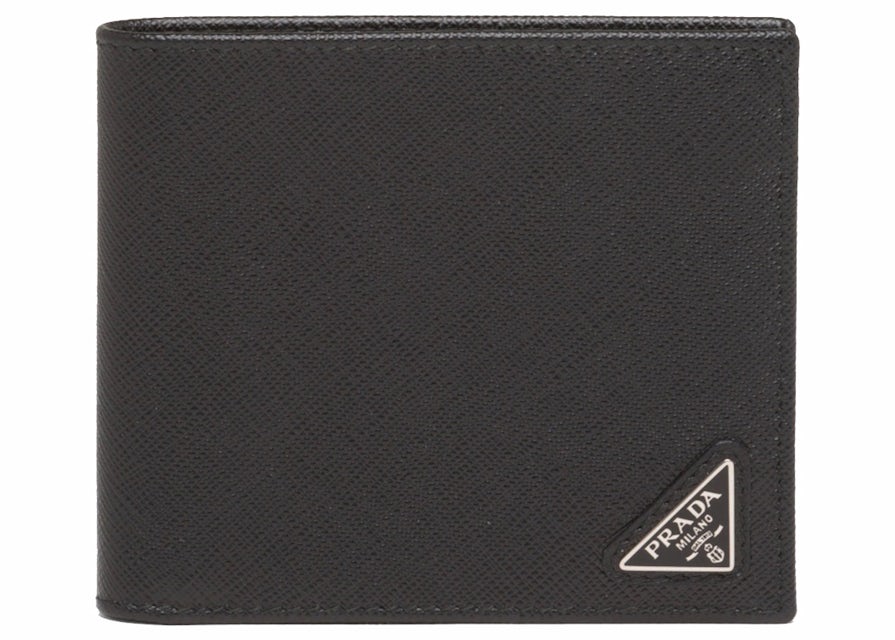 Black saffiano leather bi-fold wallet with studs
