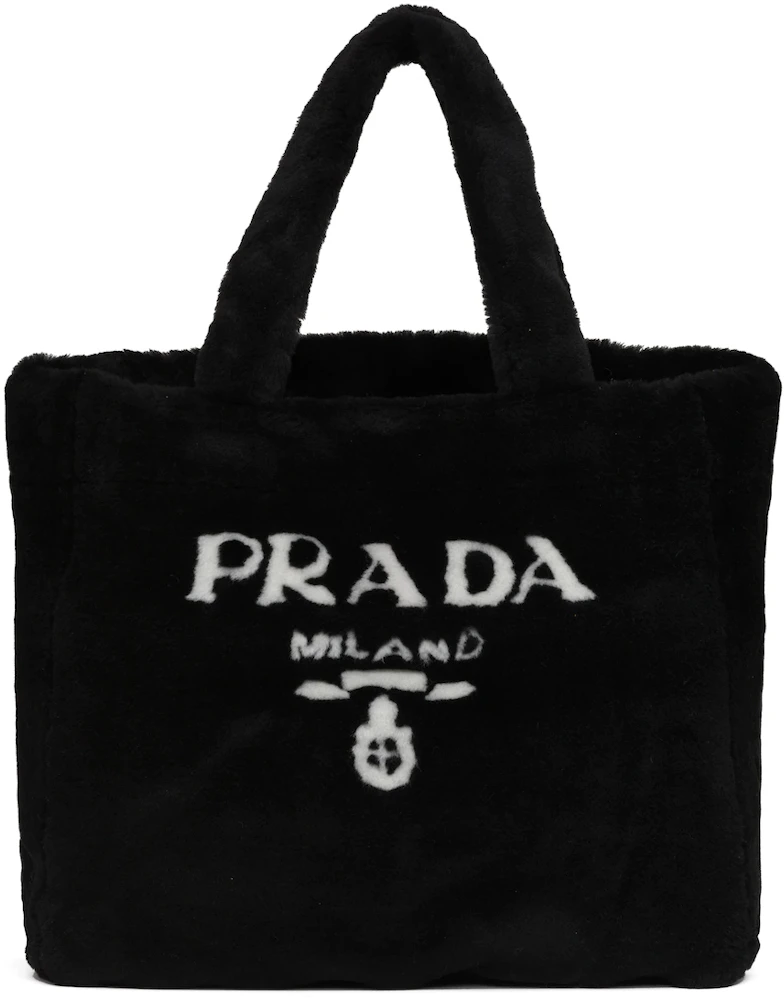 Prada Shearling Tote Bag Intarsia Logo Black/White in Soft Terry - US