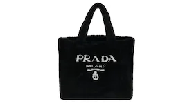 Prada Shearling Tote Bag Intarsia Logo Black/White