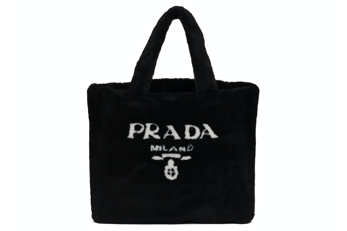 Pre-owned Prada Shearling Tote Bag Intarsia Logo Black/white